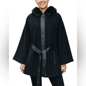 Ellen Tracy Wool Cape Wrap Poncho Coat Belted Black Womens Large Faux Fur Collar